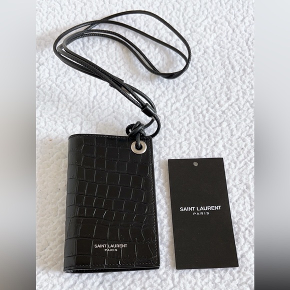 Authentic Saint Laurent Croc Embossed Flip Card Case with Lanyard - Picture 3 of 16